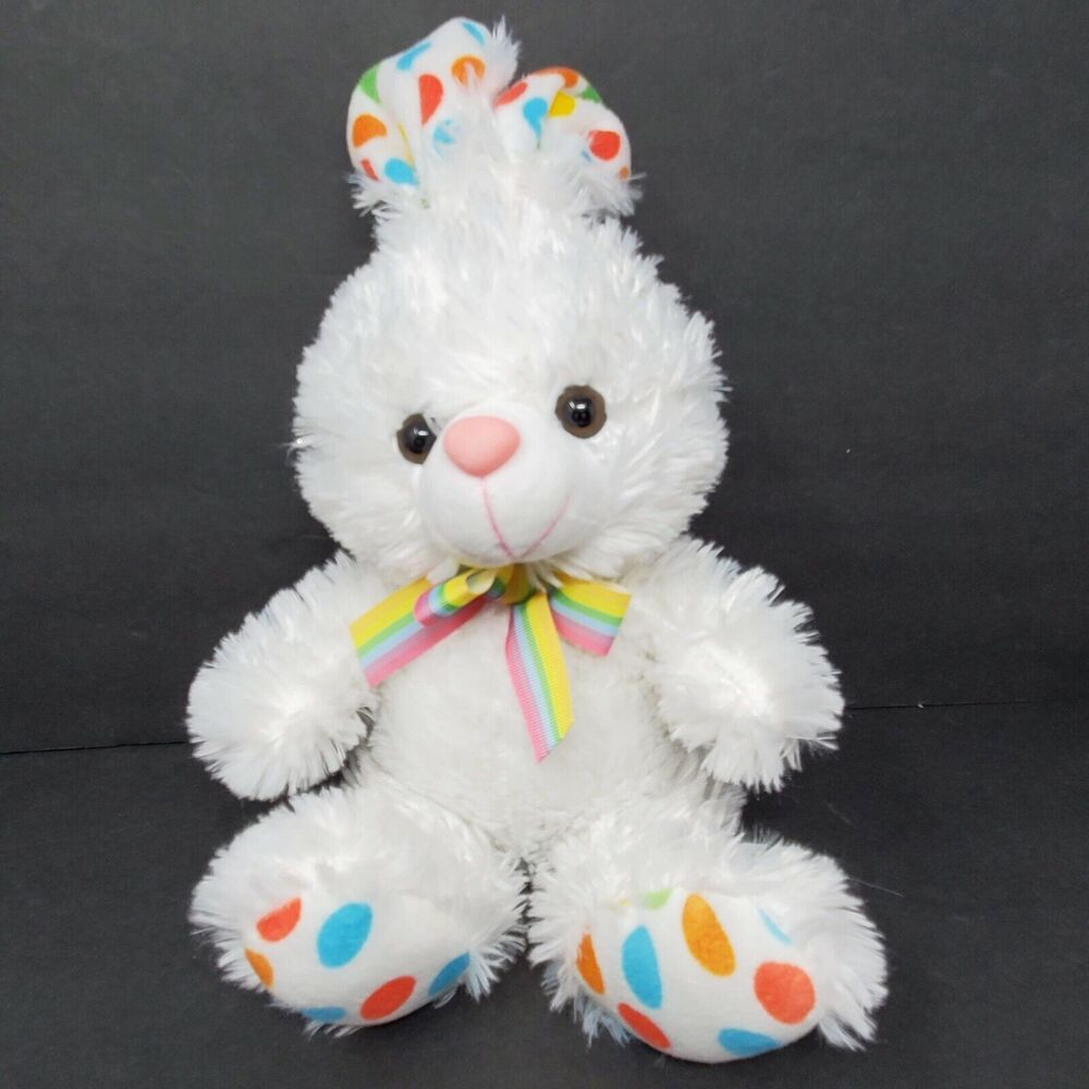 Megatoys Easter Bunny Rabbit 15" Plush Stuffed Animal Polkadots Rainbow White